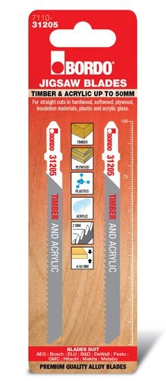 BORDO JIG SAW HCS T-SHANK STRAIGHT CUT 100MM TIMBER/ACRYLIC 2 PK